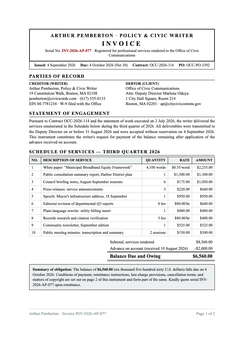 Government gazette freelance writer invoice